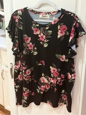 Haptics Black Floral Ruffle Sleeve Blouse - Pink Rose Print